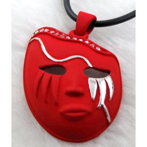 lacquered mask Necklace, alloy, rubber cord, red