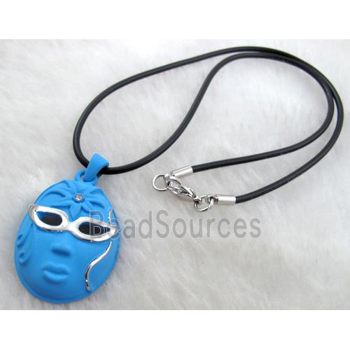 lacquered mask Necklace, alloy, rubber cord, blue