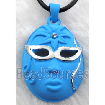 lacquered mask Necklace, alloy, rubber cord, blue