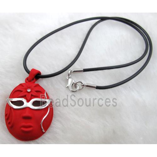 lacquered mask Necklace, alloy, rubber cord, red