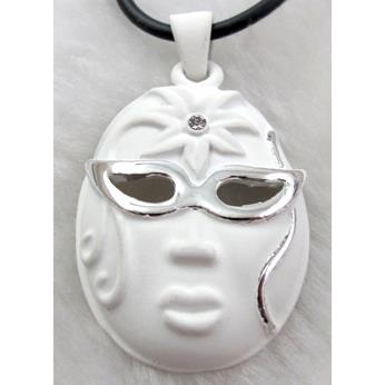 lacquered mask Necklace, alloy, rubber cord, white