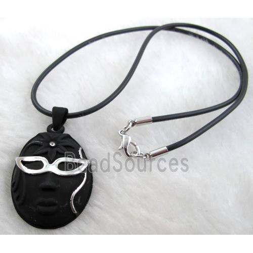 lacquered mask Necklace, alloy, rubber cord, black