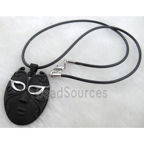 lacquered mask Necklace, alloy, rubber cord, black