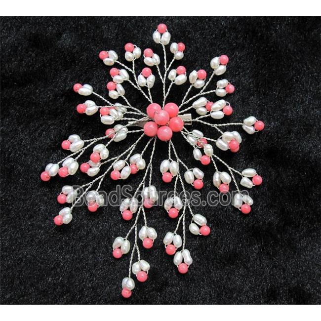 handmade brooch with freshwater pearl, pink coral beads