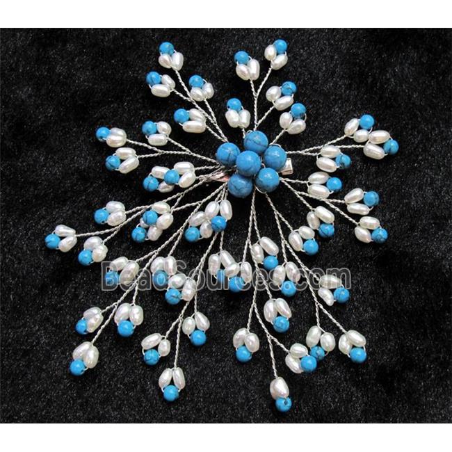 handmade brooch with freshwater pearl, turquoise beads