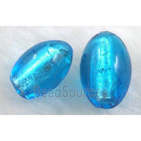 glass lampwork beads with silver foil, barrel, aqua