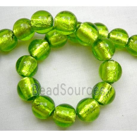 Round Green Lampwork Glass Beads with Silver Foil