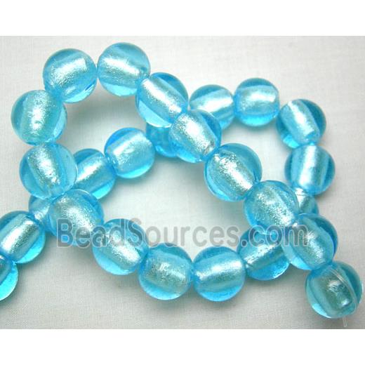 Lampwork Glass Beads with silver foil, round, aqua