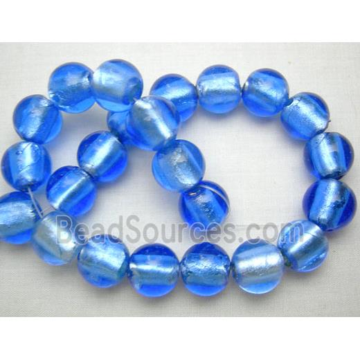 Lampwork Glass Beads with silver foil, round, blue