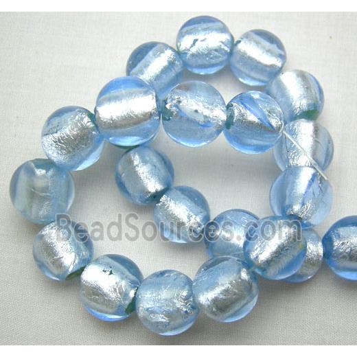 Lampwork Glass Beads with silver foil, round, Sapphire