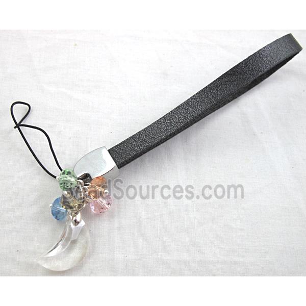 Mobile phone cord, String hanger PU leather, Crystal moony Pendant