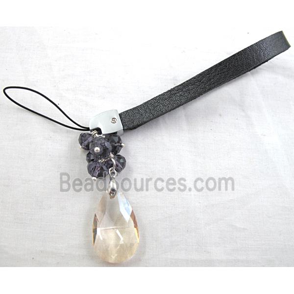 Mobile phone rope, PU leather, Crystal Faceted Drop