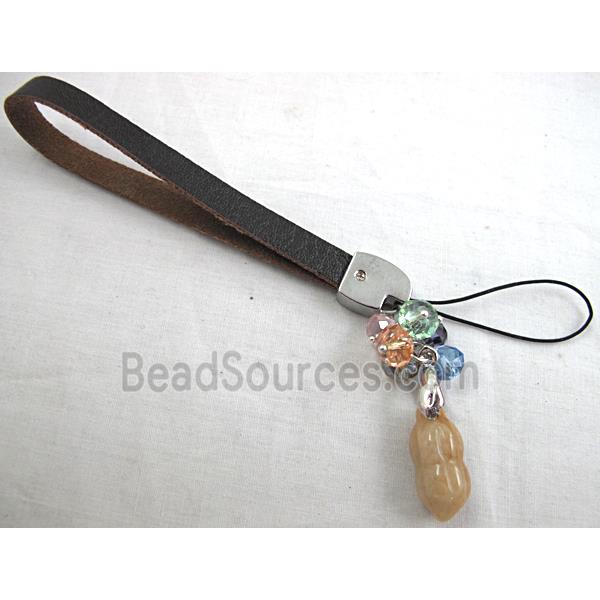 Mobile phone rope, String hanger PU leather, Jade Pendant, Peanut