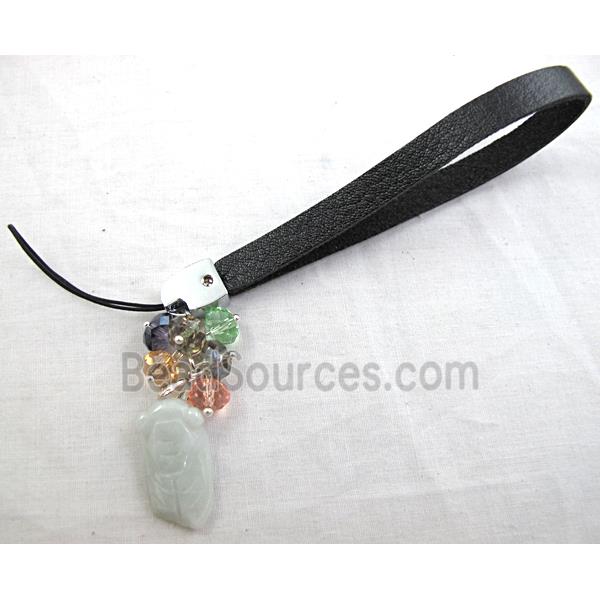 Mobile phone rope, PU leather, Jade Pendant