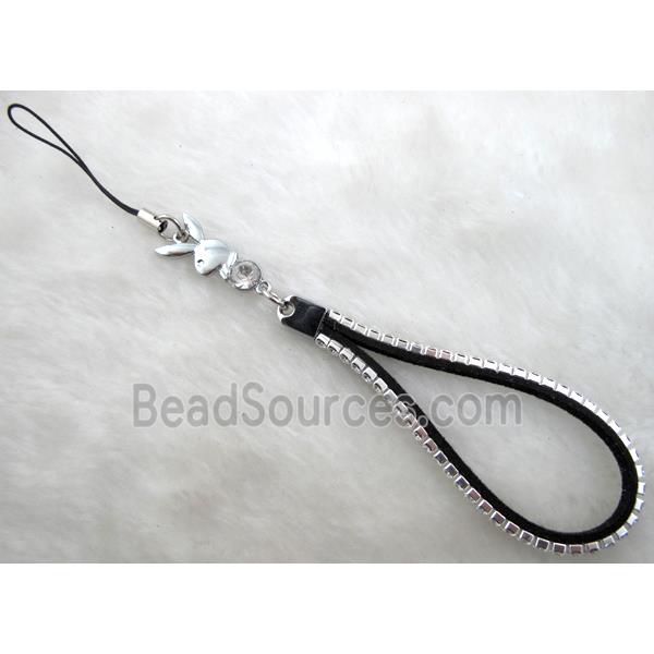 Mobile phone rope, String hanger, suede with 1 row rhinestone, mix