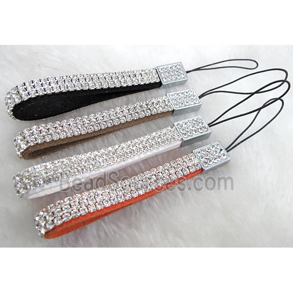 Mobile phone rope, String hanger, suede with 3 row rhinestone, mix