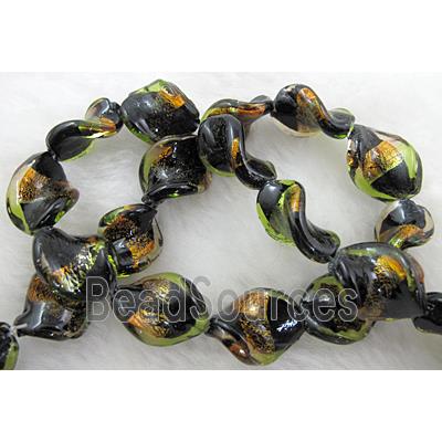 dichromatic lampwork glass beads with gold foil, twist