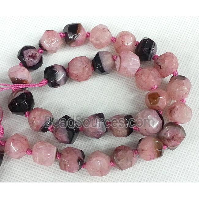 Agate stone bead, faceted round, black and pink