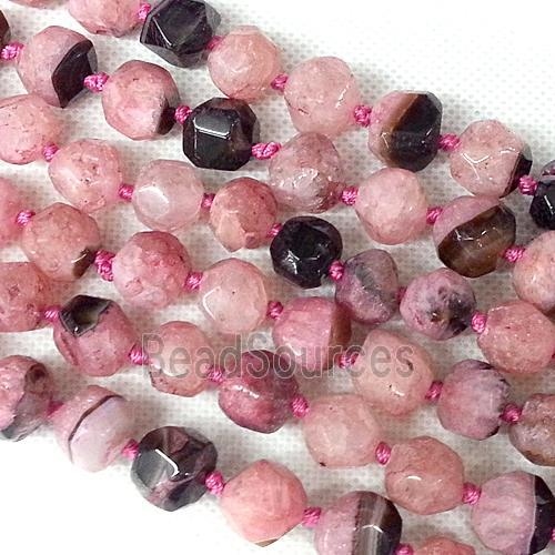 Agate stone bead, faceted round, black and pink