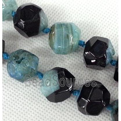 Agate stone bead, faceted round, black and blue