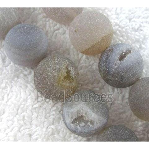 agate bead with geode, druzy, matte, round, grey