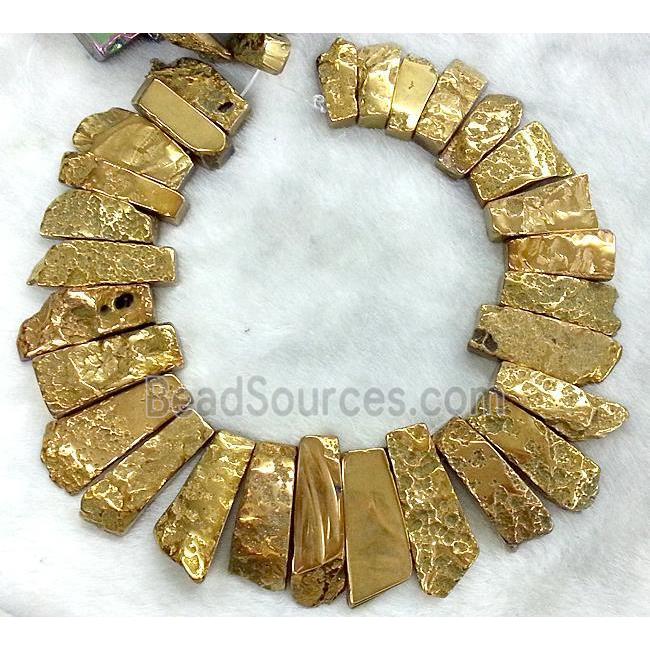 rock Agate stone beads for necklace, freeform stick, gold electroplated