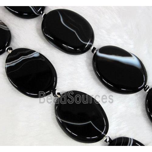 black agate stone bead, flat-oval