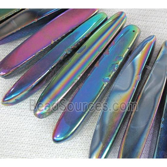 rock agate stone beads, polished, stick, rainbow electroplated