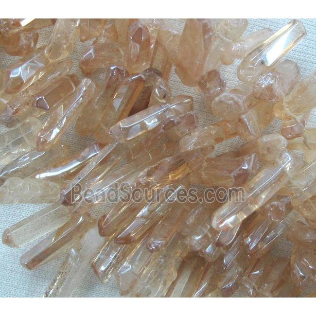 clear quartz bead, stick, freeform, gold champagne electroplated