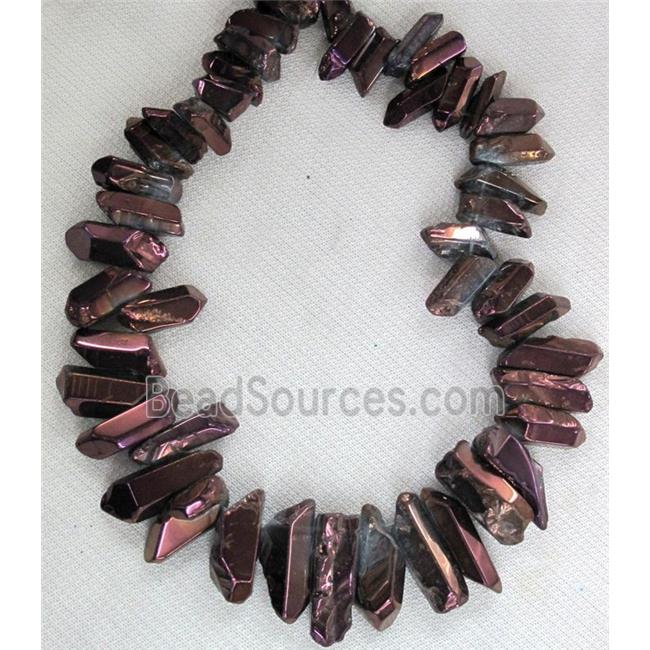 clear quartz stone bead, stick, freeform, purple electroplated