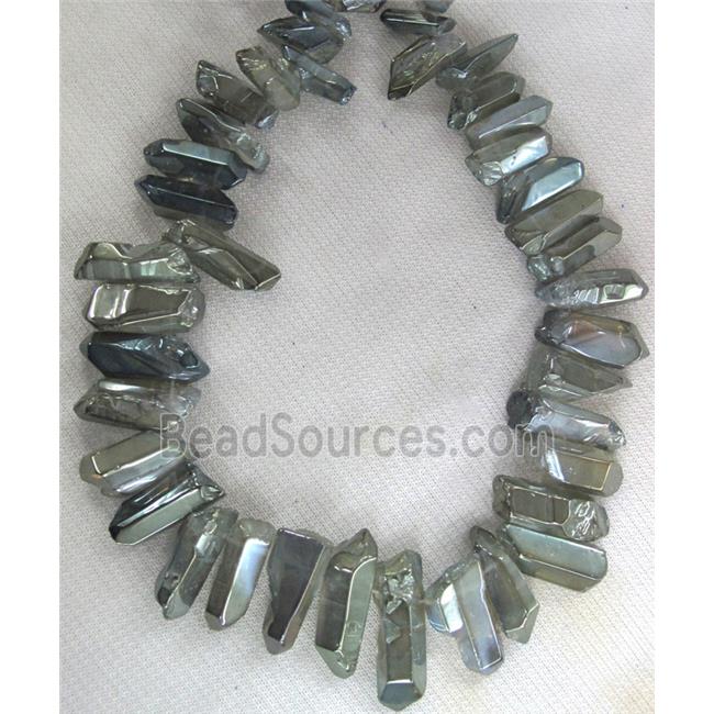 clear quartz bead, stick, freeform, lt.green electroplated