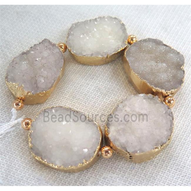 white druzy quartz beads, gold plated