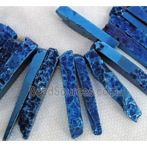 Rock Agate stick beads, blue electroplated