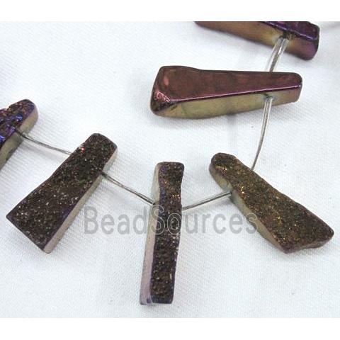 agate druzy beads, freeform stick, purple electroplated