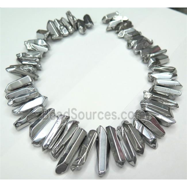 Clear Quartz Bead, stick, silver electroplated, polished