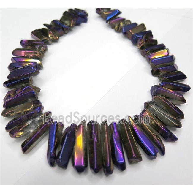 Clear Quartz Bead, stick, purple electroplated, polished