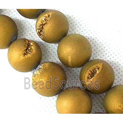 matte druzy Agate beads, round, gold electroplated