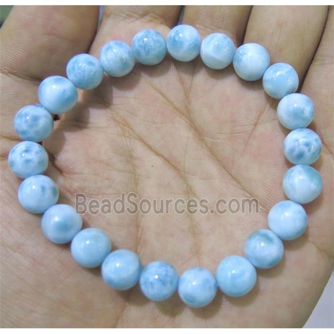 natural Larimar bracelet, round, blue, stretchy, grade-AAAAA