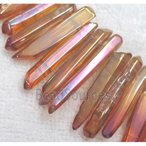 polished clear quartz stick beads, red electroplated