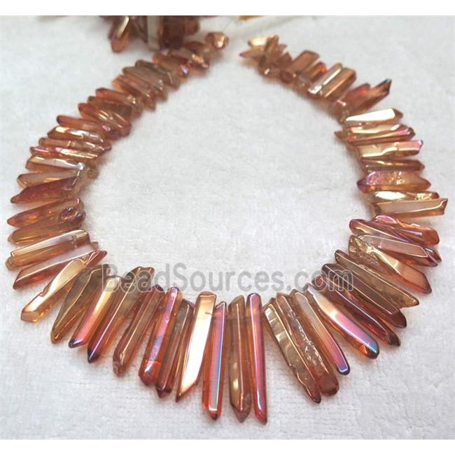 polished clear quartz stick beads, red electroplated