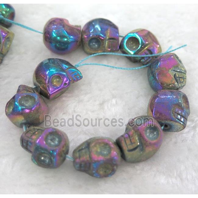 pyrite bead, skull, rainbow electroplated