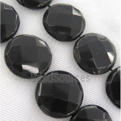 black agate onyx bead, faceted flat-round