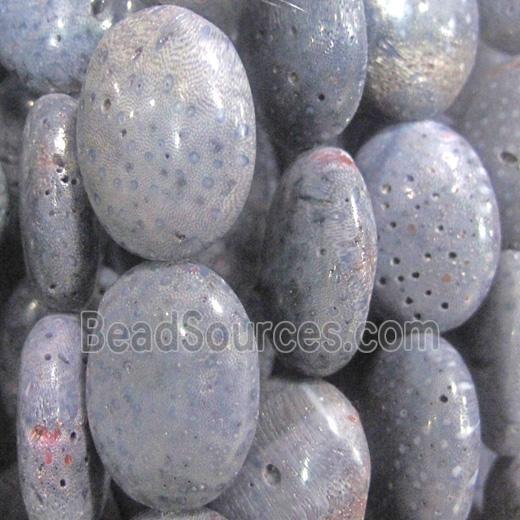 blue coral fossil stone bead, flat-oval