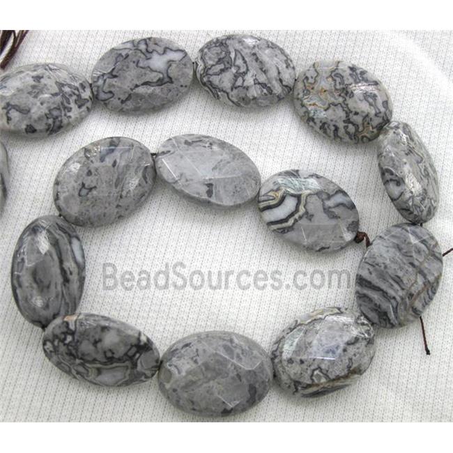 grey Picture Jasper beads, faceted oval