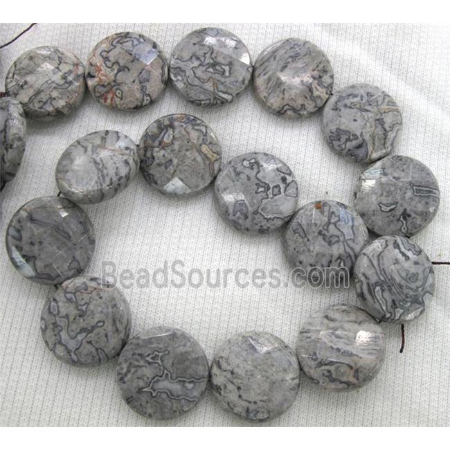 grey picture jasper beads, faceted flat-round