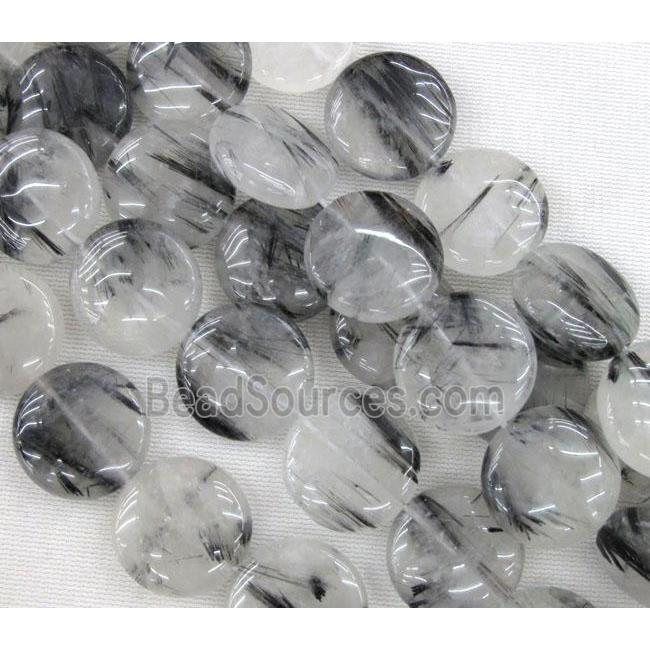 black rutilated quartz beads, flat round