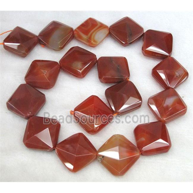 red carnelian agate stone bead, faceted corner-drilled square