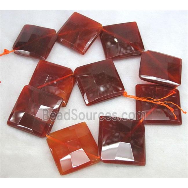 red carnelian agate beads, faceted corner-drilled square