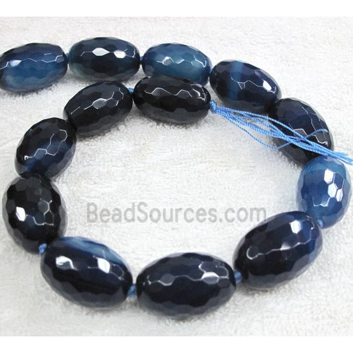 blue agate beads, faceted barrel