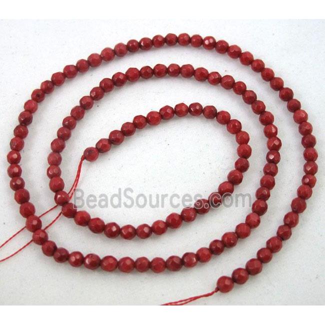coral beads, deep-red, tiny, faceted round